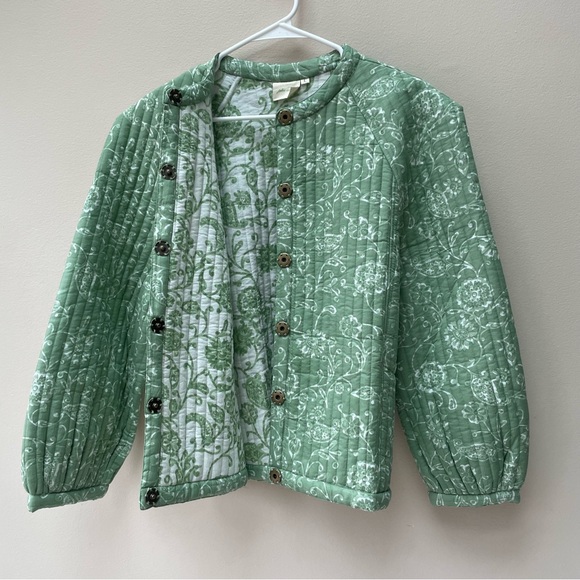 AERIN x Julia Amory Devon Quilted Ikat Jacket 100% Cotton Green Floral Size L - Picture 9 of 11